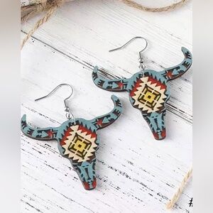 #71 | Southwest Aztec Native Longhorn Wood Dangle Earrings